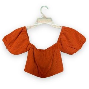 Reformation Crop Top Ribbed Puff Sleeve Red Orange M